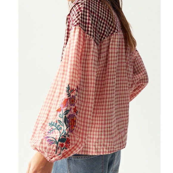 Boho Floral Embroidered Plaid Print Neck Tie Loose Fit Blouse - Picture 5 of 8